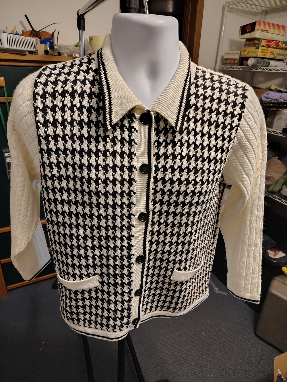 Norton McNaughton Black and Cream Knit Cardigan with Houndstooth Detail